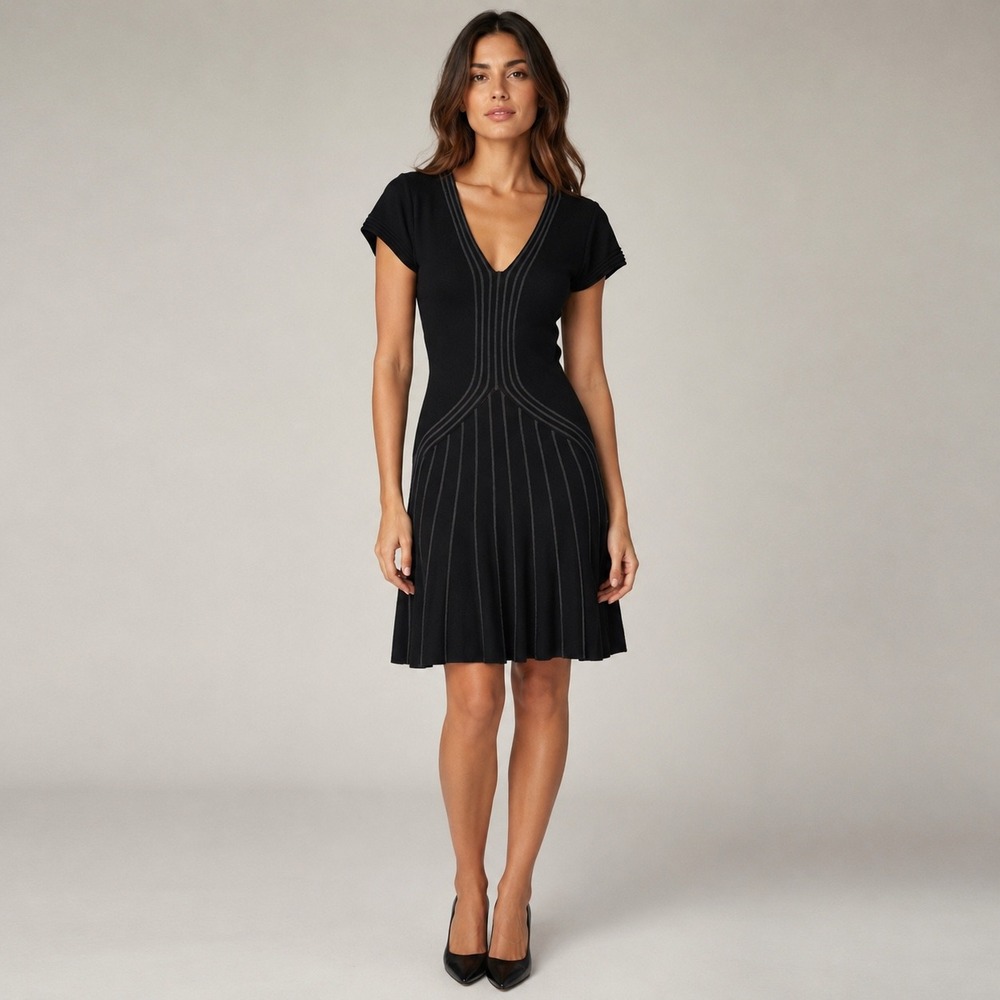 Max Studio Size M Black Gray Pinstripe Knit Fit Flare Sweater Dress